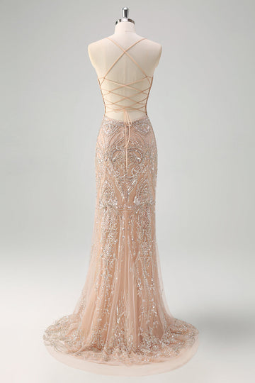 Scintillante Champagne sirena spaghetti spalline corsetto lungo abito da ballo